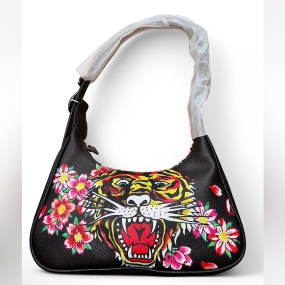 Ed Hardy Handbags - Ed Hardy Black Shoulder Bag with Vibrant Tiger and Floral Art